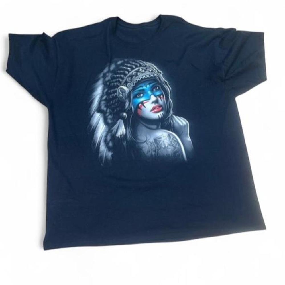 Indigenous Warrior Woman Graphic T-Shirt Mens 3XL Black Headdress War Paint